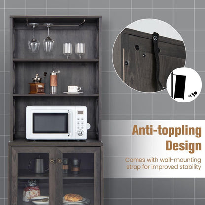 TANGZON Tall Kitchen Cupboard, Wooden Storage Sideboard with Adjustable Shelf, Glass Holder, Tempered Glass Door & Anti-toppling Device, Freestanding Pantry Cabinet Organiser for Dining Living Room