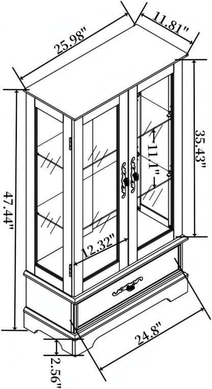 47" LED Glass Accent Curio Cabinet, 3-Tier Antique Storage Cage with Adjustable Shelves & Drawer, Acrylic Mirrored Pane, 7 Color Led Light, Small China Cabinet for Living Room/Kitchen (Oak - LED)