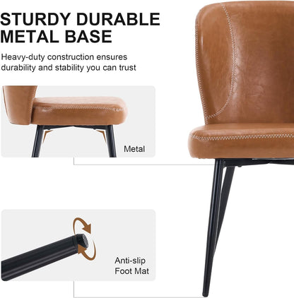 Dining Chairs Set of 2, Upholstered Synthetic Leather Kitchen Chairs, Mid-Century Modern Dining Room Chairs with Thick Cushion, Stitching Backrest and Metal Legs, Brown