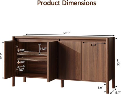 59" Wide Walnut Buffet Cabinet Storage,4 Doors and Adjustable Shelves,Solid Wood Round Legs,Wood Mid Century Sideboard for Kitchen,Living Room,Coffee Bar.