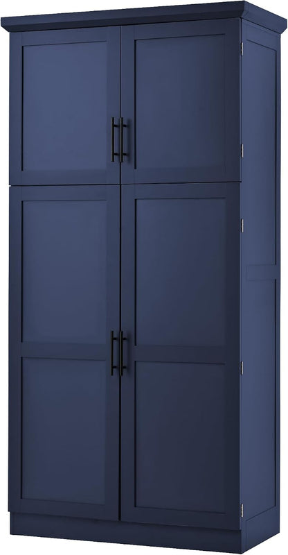 Freestanding Kitchen Pantry 35.5"x17.6"x70.9" Modern Pantry Cabinet with 4 Doors, 2 Door Shelves, 8 Pull-Out Trays and Adjustable Shelf Storage Cabinet Cupboard for Kitchen, Dining Room, Blue