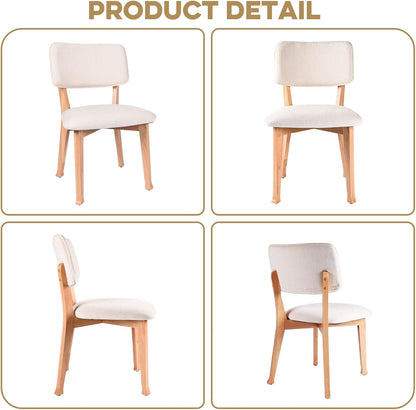 Wooden Dining Chairs Set of 2, Mid Century Modern Kitchen Chairs with Fabric Upholstered and Curved Backrest for Dining Room, Restaurant/Cafe, 300LBS Capacity, Natural