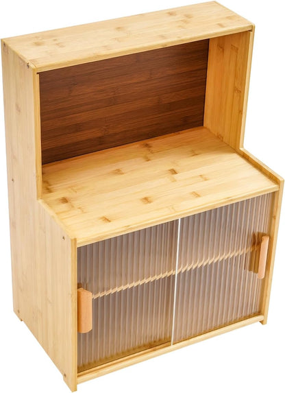 Kitchen Storage Cabinet with Sliding Doors, Bamboo Kitchen Pantry Sideboard, Adjustable Shelf Height, Semi-Clear Glass, for Spice Jars, Kitchen Utensils, Cups, Props , 17.7"x11"x24" (Log Color)