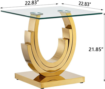 Gold Glass End Table, Modern 22.8" Square Sofa Side Table for Living Room, Tempered Glass End Bedside Table Nightstand with Ring-Shape Stainless Steel Base for Bedroom Home Office