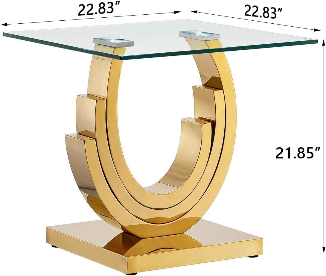 Modern End Table, Living Room End Table with Tempered Glass Top & Geometric Shape Stainless Steel Legs, Square End Table, Luxury Glass Sofa Side Table, Bedside Table, Small Accent Table, Gold