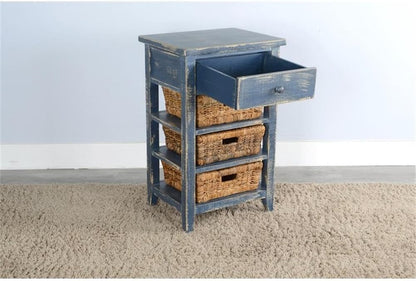 Pemberly Row Solid Wood End Table, Ocean Blue Finish, Rough Sawn Mahogany, Storage Drawer, 3 Removable Woven Baskets, Contemporary Accent Table for Living Room, Kitchen, or Bathroom Use