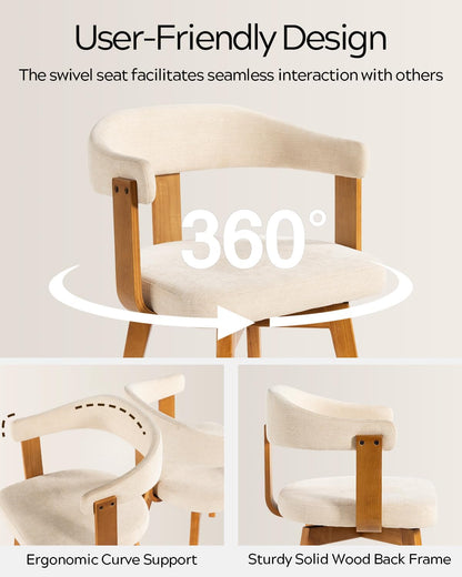 EYYTHUNG Swivel Dining Chairs Set of 2, Mid Century Modern Chenille Dining Chairs with Arms and Wood Legs,Upholstered Kitchen Chairs for Kitchen, Dining Room, Living Room, Beige and Dark Oak