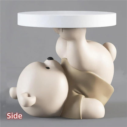 Bear Statue End Table, Round Side Table, Resin Sculpture Bedside Table, Small Space Saving Nightstand Couch Corner Stand Bedroom, Accent Table for Living Room(Gold)