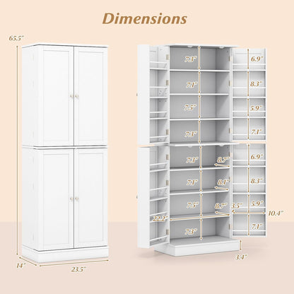 Byroce 65.5” Kitchen Pantry Cabinet, Storage Cabinet with 4 Doors & 8-Tier Shelves, Freestanding Kitchen Hutch Cupboard with Baffle, Tall Buffet Sideboard for Dining Room & Living Room (White)