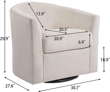Swivel Accent Chair, Upholstered Velvet Barrel Armchair, Modern Round Single Sofa Seating Comfy Reading Corner Chairs for Living Room Bedroom, Fully Assembled (Velvet Ivory, Set of 2)