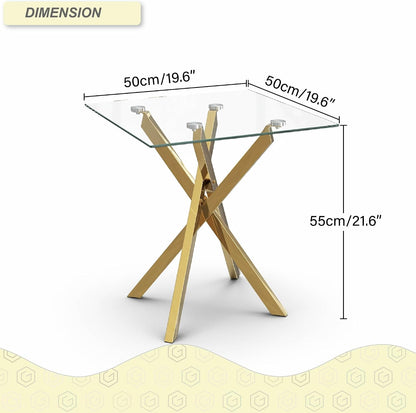 Small Side Table with Chromed Legs, Tempered Glass Square Modern End Table Sofa Table for Living Room Home Office (1, Gold, 20"×20"×22")