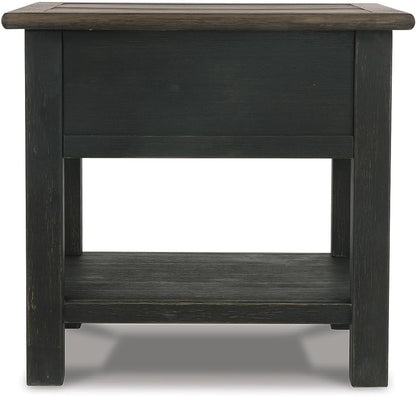 BOWERY HILL Contemporary Wood End Table, Grayish Brown and Black Finish, 1 Drawer and Bottom Shelf, Dark Bronze-Tone Hardware, 25.13" H x 24" W x 27" D, Shabby Chic Living Room Accent