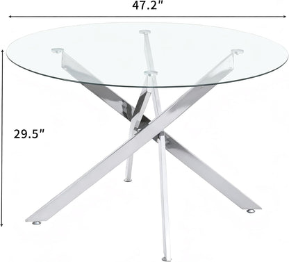 47.2“ Round Dining Table for 4, Contemporary Tempered Glass Dining Table, Small Dinner Table with Silver Metal Base, Round Clear Kitchen Table Writing Desk for Dining Kitchen