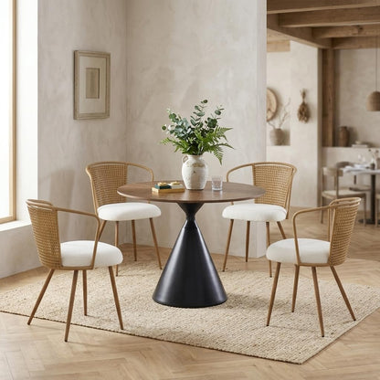 Rattan Dining Chairs,Upholstered Boucle Cushion with PE Cane Wing Back Kitchen Chair,Modern Dining Room Chair with Wood Metal Legs for Kitchen,Beige White Set of 4