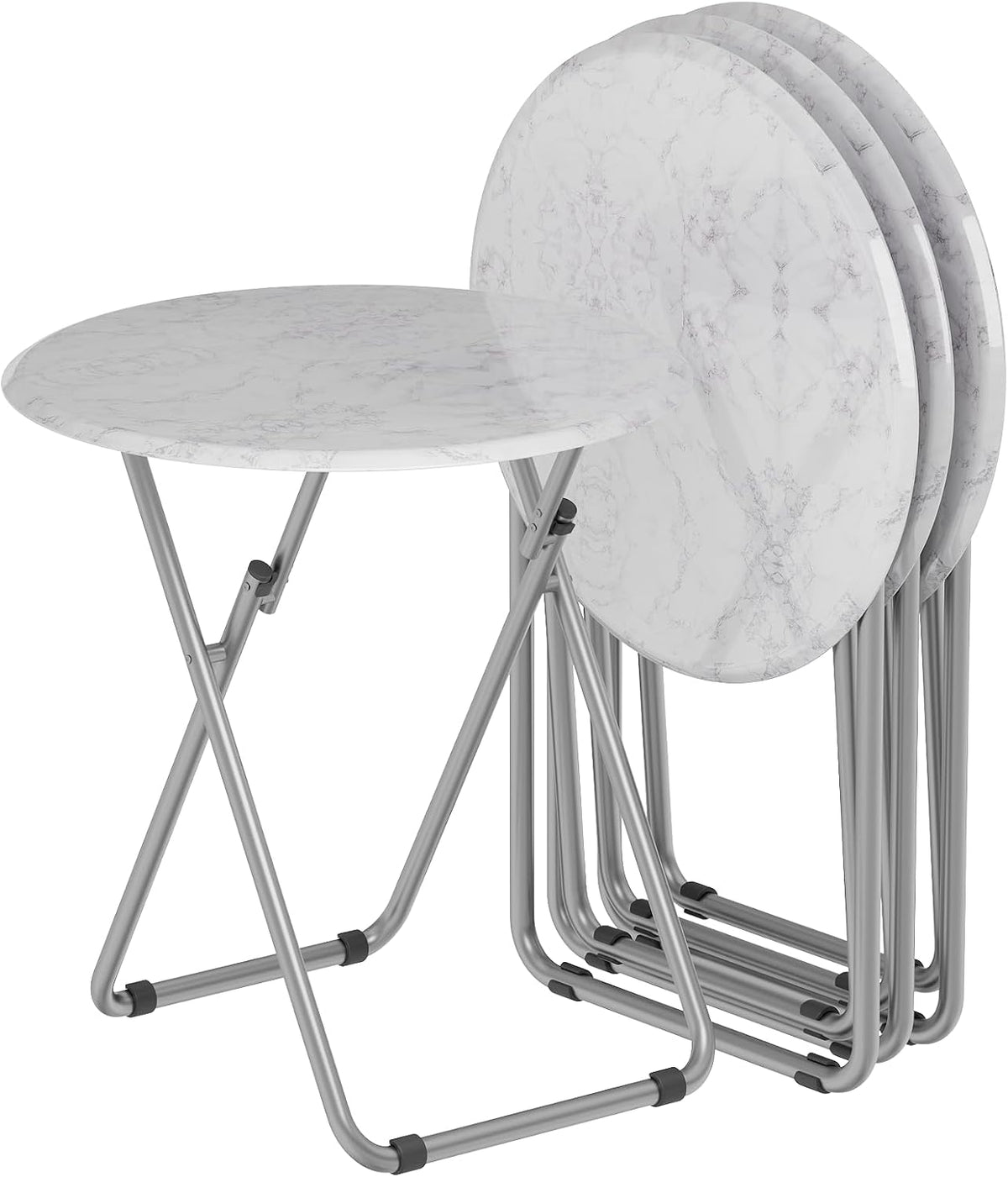 TV Trays Table Set of 4 Round Portable Folding TV Tray Table TV Dinner Tray with Sturdy MDF, No Assembly Required, 17.5 x 17.5 x 26 in (White Marble, 4Pcs)