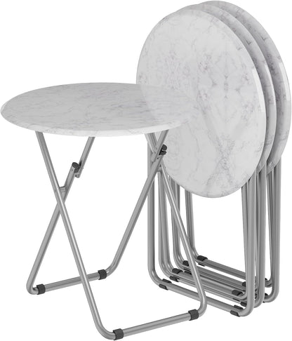 TV Trays Table Set of 4 Round Portable Folding TV Tray Table TV Dinner Tray with Sturdy MDF, No Assembly Required, 17.5 x 17.5 x 26 in (White Marble, 4Pcs)