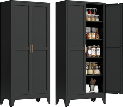 71” Tall Metal Kitchen Pantry Cabinet, Kitchen Storage Cabinets, Steel Cupboard with 2Doors and 4 Adjustable Shelves for Dining Room, Bathroom, Living Room