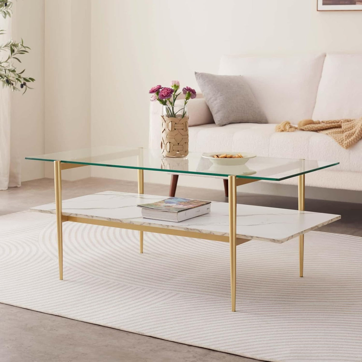 Rectangle Coffee Table for Living Room, Mid-Century Modern Design, L41 x W21 x H17, 2-Tier Structure, Clear Glass Top and White Marble Finish Wood Shelf, Conical Legs with Gold Finish