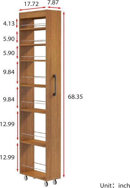 KEIKI 7 Tier Pull-Out Kitchen Pantry Storage Cabinet, Multi-Tier Single-Sided Open Shelf, Spice Rack Next to Fridge, Wood Hutch Food Pantries Cupboard for Coffee Bar, Dining Room, Narrow Spaces