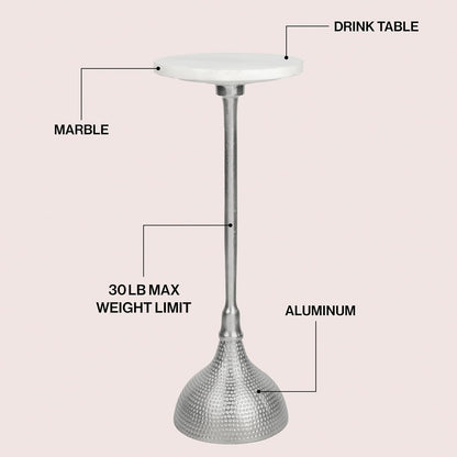 Eyely DNE4001B Kai 23.75" Art Deco Metal Pedestal Drink Table and Decorative End Table w/White Marble Round Top and Hammered Base for Living Room, Bedroom, Nickel