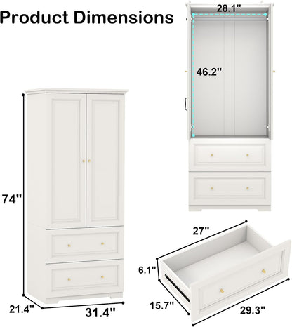 Bedroom Armoires Wardrobe Closet with 2 Doors: 74" White Wardrobe Cabinet with 2 Drawers, Modern Wood Closet for Hanging Clothes, Large Wardrobes Storage Closets (White, 31.4")