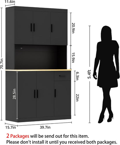 DIYART 71 Inch Black Pantry Cabinet with Power Outlet, Heavy-Duty Freestanding Kitchen Storage Organizer with Reinforced Frame, Pantry Hutch for Kitchen, Dining Room, Living Room