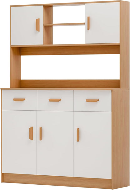 Kitchen Pantry Storage Cabinet, Modern Farmhouse Kitchen Pantry Cabinet with Microwave Stand, 3 Drawers, 5 Doors, and Open Shelves Wooden Color