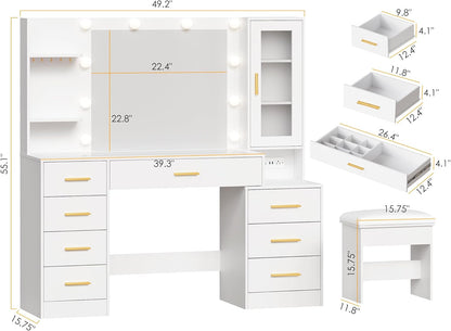 ANWBROAD 49.2" Large Vanity Desk with Mirror and Lights, Glass Top Vanity | White Makeup Vanity Desk with 8 Drawers, Power Outlet, Nightstand 5 Hooks Vanity Table with Stool for Bedroom Women UBDT88W