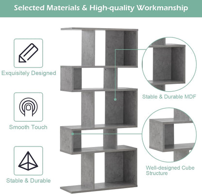 GIANTEX 5-Tier Geometric Bookshelf Set of 2, 70'' Tall Wood Freestanding Decorative Display Open Shelves with Anti-Tipping Device, Each Shelf Holds up to 44 lbs, Wooden S Shaped Bookcase, Gray