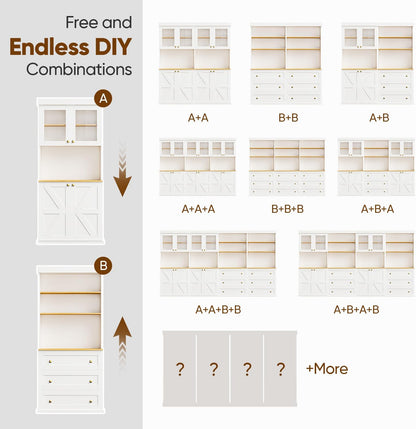 71" Tall Modular Farmhouse Bookcase with Drawers,Expandable Wooden Storage Cabinets for Home Office and Study Room，White