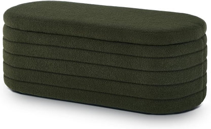 Modern Oval Storage Ottoman Bench, Upholstered Boucle Teddy Fabric End of Bed Bench with Storage, End of Bed Stool with Safety Hinge for Bedroom, Living Room, Entryway, Dark Green