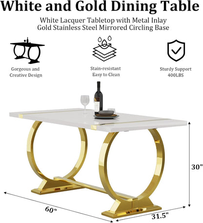 ACEDÉCOR Dining Table Set for 4, 5-Piece White and Gold Dining Set with 4 Faux Leather Dining Chairs, Modern Luxury Dining Room Table Set with Stainless Steel U-Shaped Base