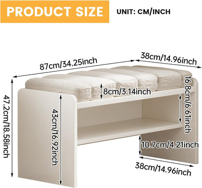 Modern Shoe Bench with Storage, Shoe Rack with Cushion Upholstered Fabric Shoes Changing Stool with 2 Tier Storage Space for Entryway Living Room End of Bed Bedroom, Cream White