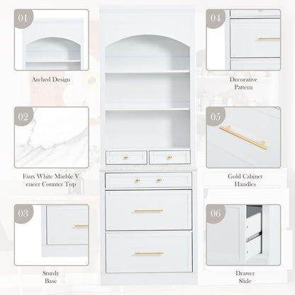 JIJIWANG Modern 83.7inch High Kitchen Pantry, Freestanding Tall Kitchen Hutch with Faux Marble Top, Display Cupboard Cabinet with 5 Storage Drawers and Adjustable Shelf, White