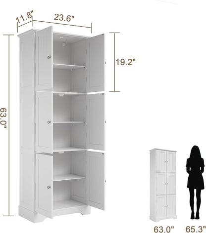 ChooChoo 63.2" Tall Bathroom Storage Cabinet with 6 Doors | Freestanding Floor Cabinet, Adjustable Shelves, Pantry Cabinet for Bathroom, Kitchen, Laundry Room, White