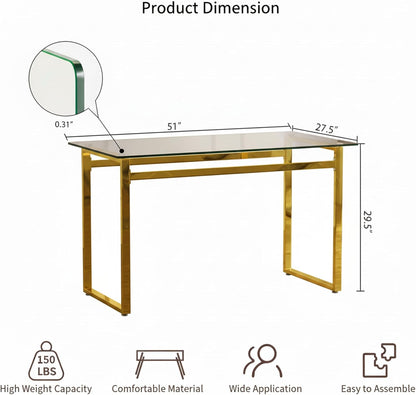 51''Glass Dining Table, Modern Rectangle Kitchen Table with Tempered Glass Tabletop and Metal Leg for 4, Writing Table Desk, for Kitchen Dining Living Room (Golden)