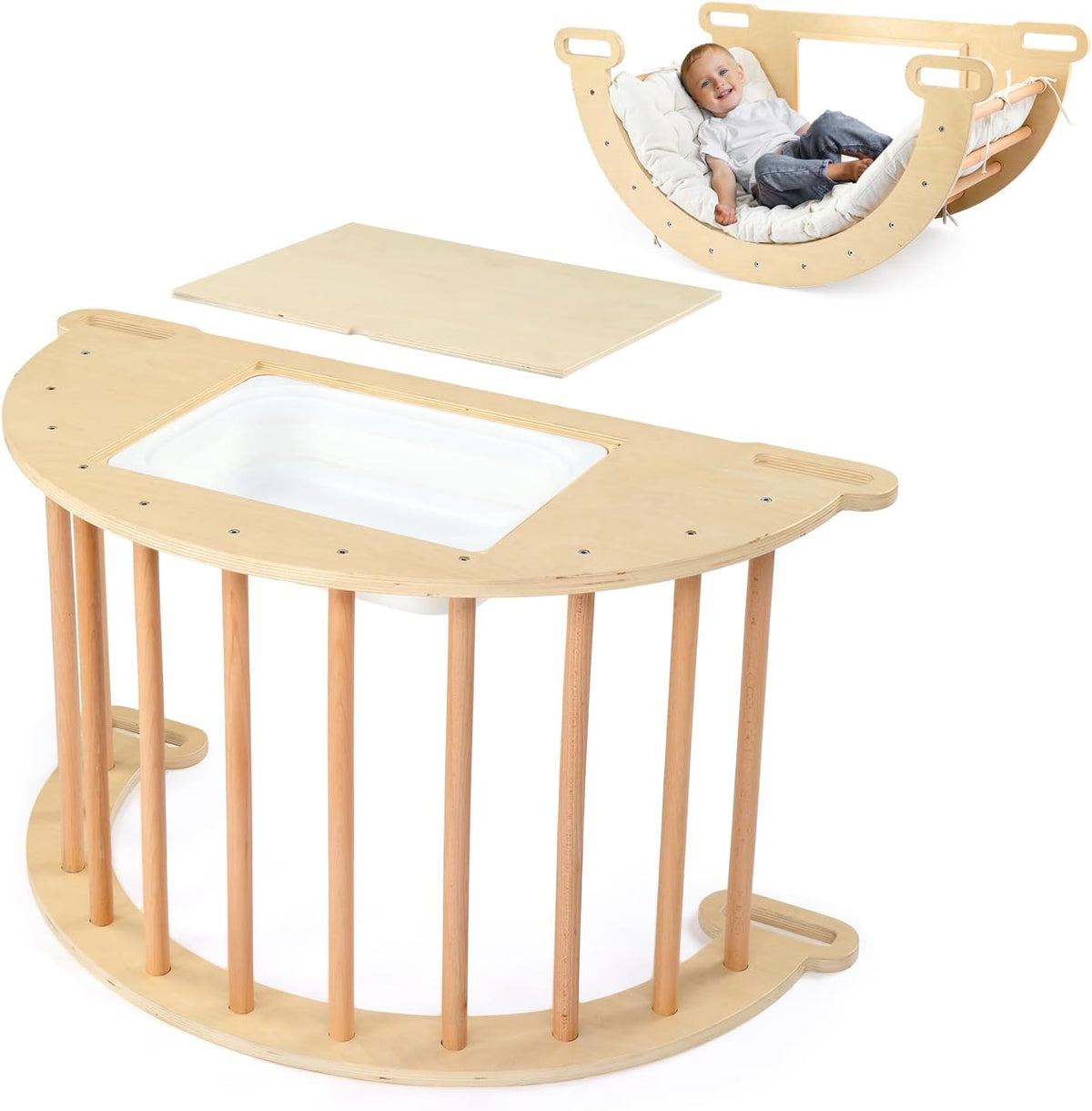 JOYMOR 5-in-1 Montessori Wooden Sensory Table with Collapsible Storage Basin & Blackboard, Multi-use Montessori Sensory Table Set for Kids and Toddlers with Arch Climber Rocker and Cushion
