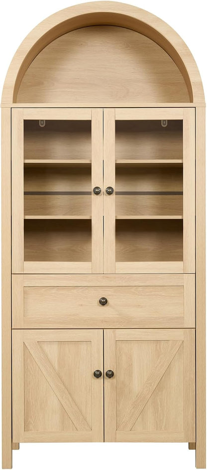 Arched Pantry Cabinet with Doors and Drawers,Farmhouse Kitchen Pantry Storage Cabinet,China Cabinets with Glass Doors,Dining Room Hutch(Natural)