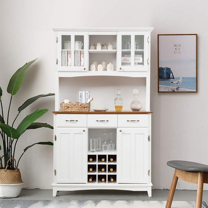 Moccha Kitchen Hutch with Storage, Farmhouse Buffet Cabinet Cupboard with Glass Doors, Drawers, Wine Rack, Adjustable Shelves, Pantry Storage Cabinet Sideboard for Living Room, Dining Room, White