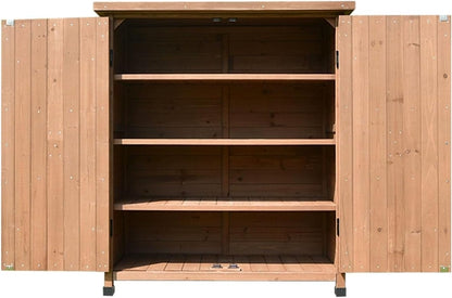 Large Vertical Outdoor Storage Box Adjustable Foot Pads, Wooden Outdoor Storage Cabinet with Doors Galvanized Cabinet Top for Delivery Patio Garden and Porch,Br,Brown
