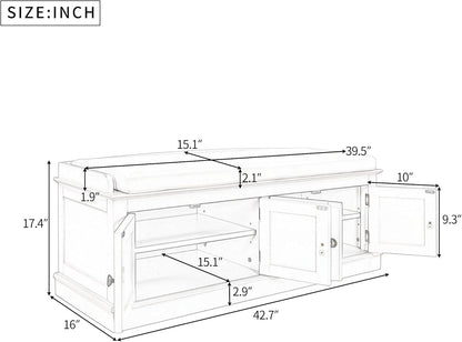 SOFTSEA 42.7" Shoe Bench with Padded Seat Cushion, 2-Tier Entryway Bench with 4 White Doors and Adjustable Shelves, Shoe Cabinet for Entryway, Bedroom, Living Room, White
