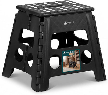 VOUNOT® Folding Step Stool, Portable Stepping Stool with Carrying Handle, Anti-Slip Folding Stool for Bathroom, Garden, Camping, Home, 37 x 30 x 32.5 cm, Black