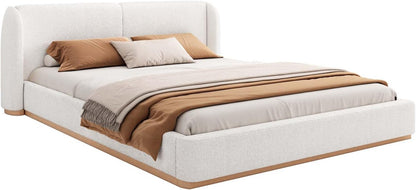 King Size Boucle Bed Frame, Soft Cloud Bed Frame with Upholstered Wingback Headboard and Solid Wooden Legs, Contemporary Aesthetic Platform Bed, No Box Spring Needed (White, King 1)