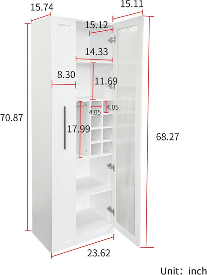 Pull-Out Kitchen Pantry Cabinet with Multi-Tier Shelves, Glass Doors & Spice Rack, Freestanding Wood Hutch Storage Cabinet Next to Refrigerator for Coffee Bar, Dining Room, Narrow Spaces