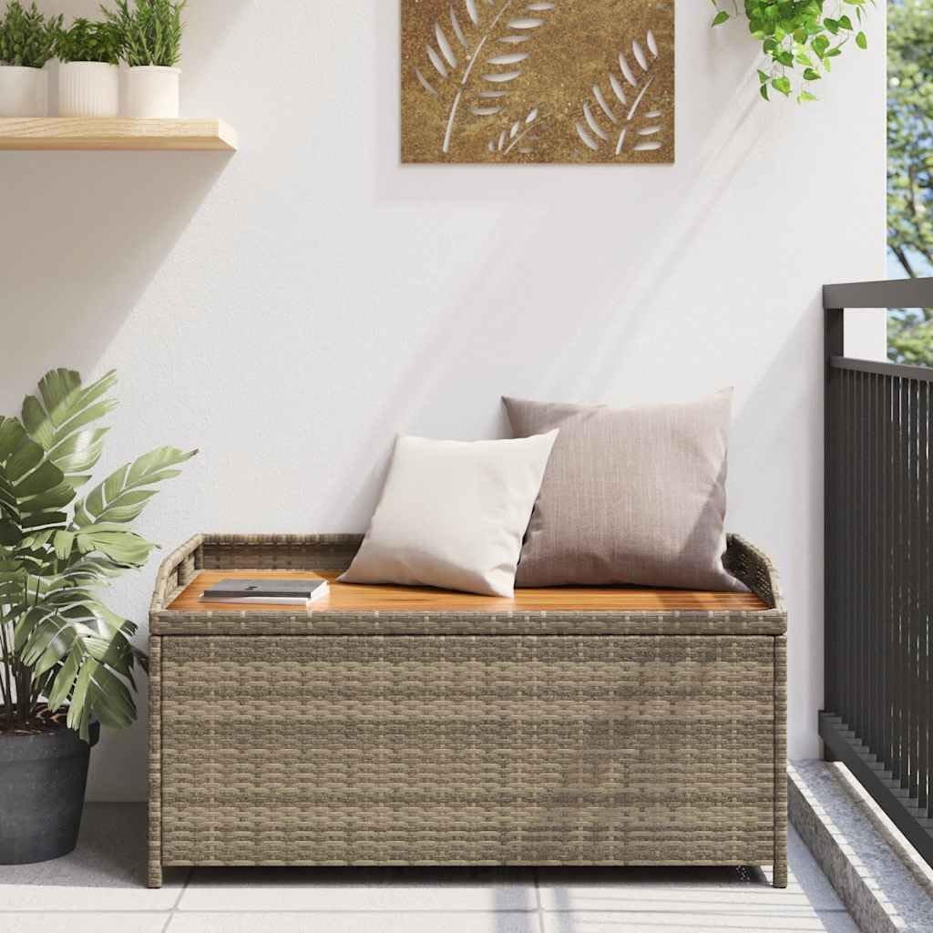 Storage Bench for Patio and Garden, Grey Poly Rattan and Solid Acacia Wood Outdoor Deck Box, 2-Person Seating Bench with Gas Spring Lid for Backyard, 39.4 x 19.7 Inches