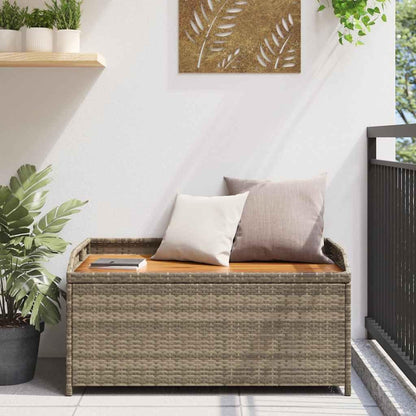 Storage Bench for Patio and Garden, Grey Poly Rattan and Solid Acacia Wood Outdoor Deck Box, 2-Person Seating Bench with Gas Spring Lid for Backyard, 39.4 x 19.7 Inches