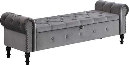Storage Bench 67" Velvet End of Bed Benches Dark Grey | King Size Storage Bench for Bedroom with Rolled Arms Tufted Ottoman Benches Upholstered Bench for Living Room Entryway
