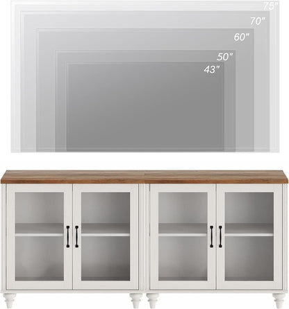 WAMPAT Farmhouse TV Stand for 75 inch TV with 4 Glass Doors, Wood TV Stand with 4 Storage Cabinets, White Entertainment Center TV Console Table for Living Room, Bedroom