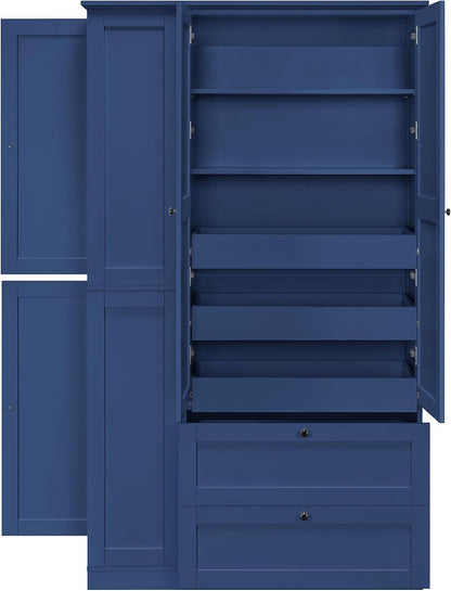 71" Tall Kitchen Pantry Storage Cabinet with 3 Pull Out Trays & 2 Large Drawers, Farmhouse Storage Cabinet Cupboard with 6 Doors and Side Cabinets, Pantry Cabinet for Kitchen, Dining Room, Blue