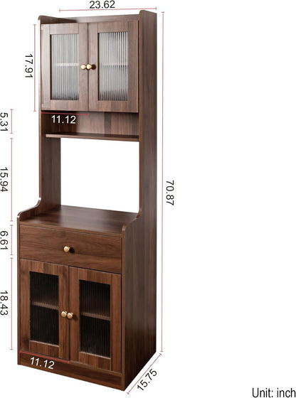 Dancongtea Kitchen Pantry Hutch Storage Cabinet Farmhouse Buffet Sideboard with Microwave Stand and Cable Management Walnut for Kitchen Dining Room Coffee Bar